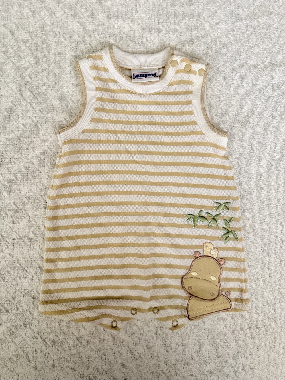 Buster Brown Cream and Yellow Striped Embroidered Hippo Sleeveless Romper
